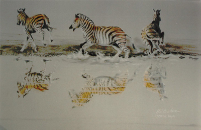 Bild Drei auseinanderstiebende Zebras am Wasserloch von Uli Aschenborn